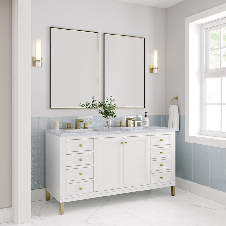 Chicago 60" Double Vanity, Glossy White, w/ 3 CM Carrara Marble Top