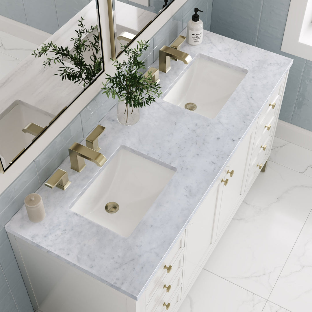 Chicago 60" Double Vanity, Glossy White, w/ 3 CM Carrara Marble Top
