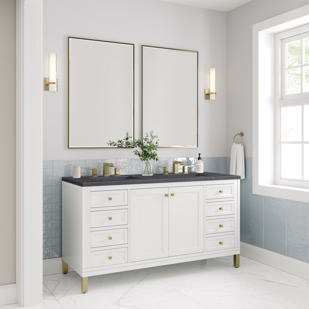 Chicago 60" Double Vanity, Glossy White, w/ 3 CM Charcoal Soapstone Silestone® Top