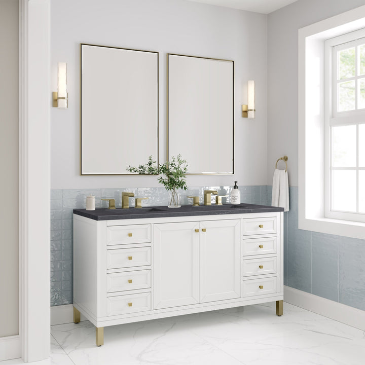 Chicago 60" Double Vanity, Glossy White, w/ 3 CM Charcoal Soapstone Silestone® Top