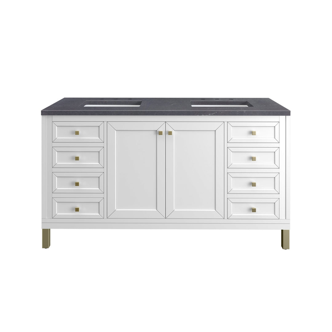 Chicago 60" Double Vanity, Glossy White, w/ 3 CM Charcoal Soapstone Silestone® Top