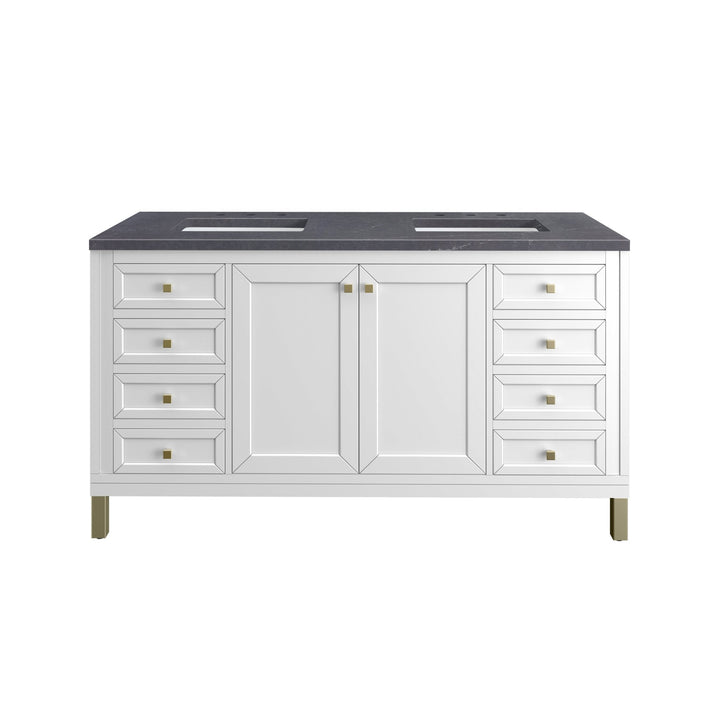 Chicago 60" Double Vanity, Glossy White, w/ 3 CM Charcoal Soapstone Silestone® Top