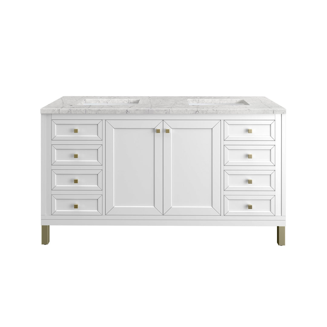 Chicago 60" Double Vanity, Glossy White, w/ 3 CM Eternal Jasmine Pearl Silestone® Top w/FreePower Wireless Charger