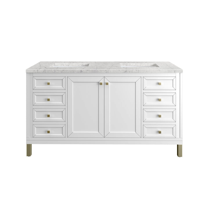 Chicago 60" Double Vanity, Glossy White, w/ 3 CM Eternal Jasmine Pearl Silestone® Top w/FreePower Wireless Charger