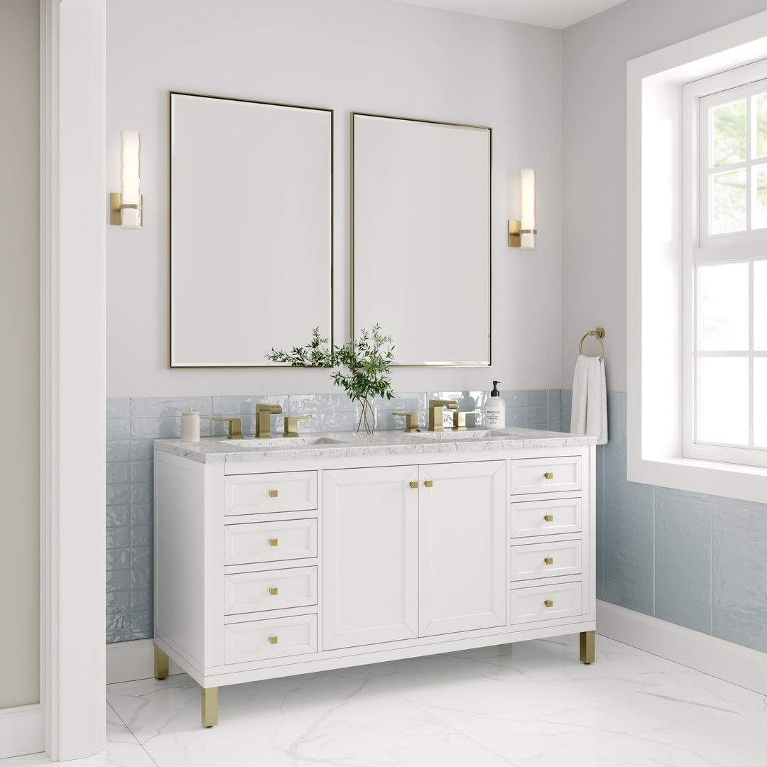 Chicago 60" Double Vanity, Glossy White, w/ 3 CM Eternal Jasmine Pearl Silestone® Top w/FreePower Wireless Charger