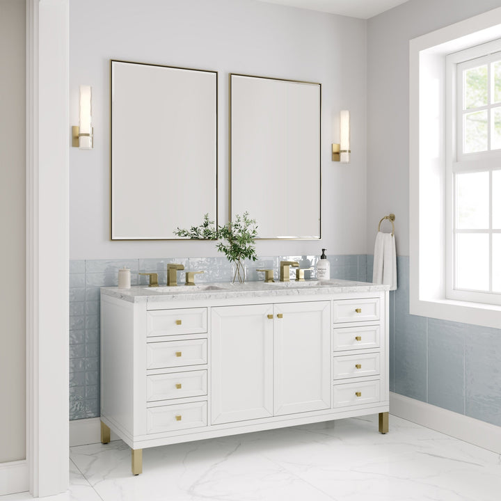 Chicago 60" Double Vanity, Glossy White, w/ 3 CM Eternal Jasmine Pearl Silestone® Top w/FreePower Wireless Charger