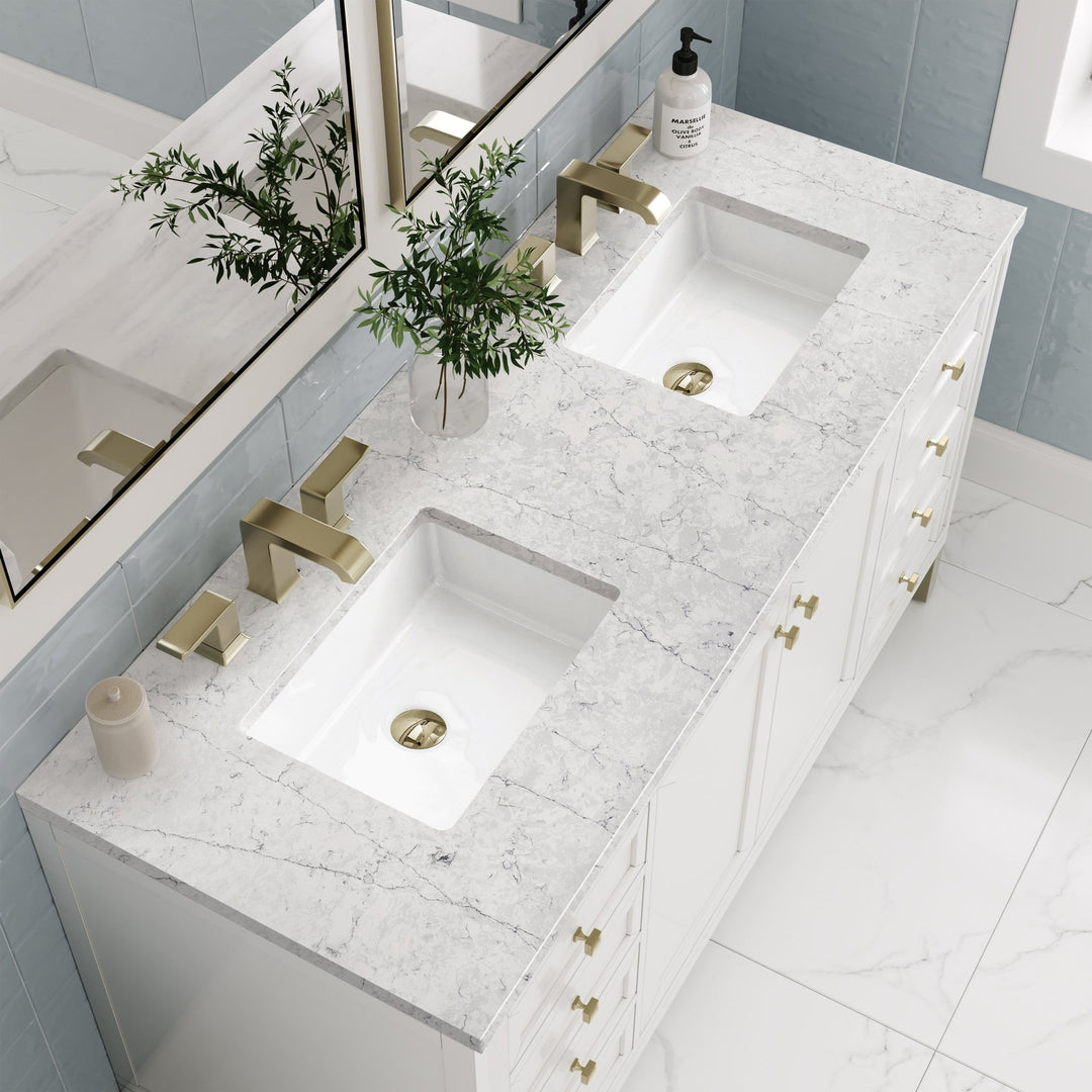 Chicago 60" Double Vanity, Glossy White, w/ 3 CM Eternal Jasmine Pearl Silestone® Top w/FreePower Wireless Charger