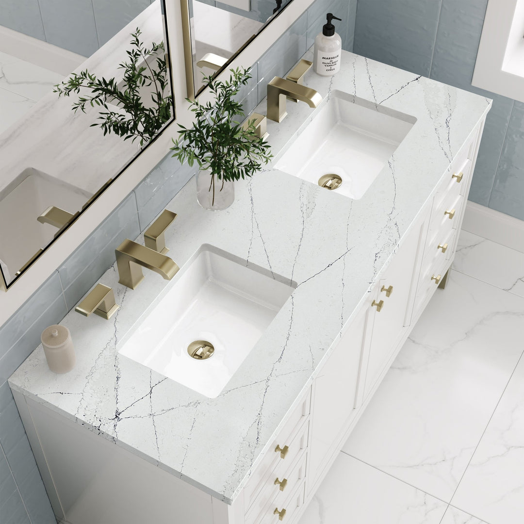 Chicago 60" Double Vanity, Glossy White, w/ 3 CM Ethereal Noctis Silestone® Top w/FreePower Wireless Charger