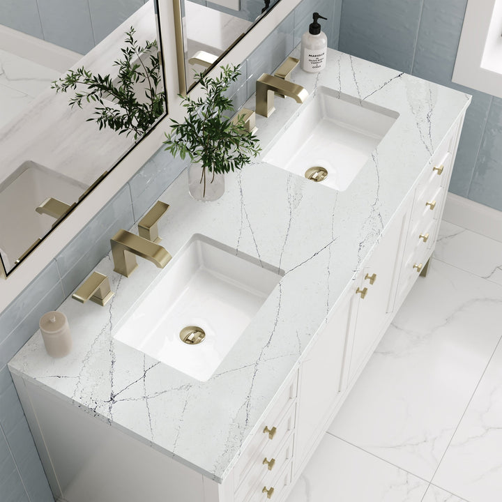 Chicago 60" Double Vanity, Glossy White, w/ 3 CM Ethereal Noctis Silestone® Top w/FreePower Wireless Charger