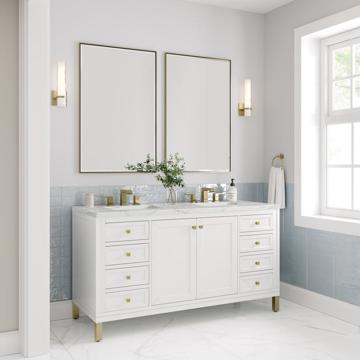 Chicago 60" Double Vanity, Glossy White, w/ 3 CM Ethereal Noctis Silestone® Top w/FreePower Wireless Charger