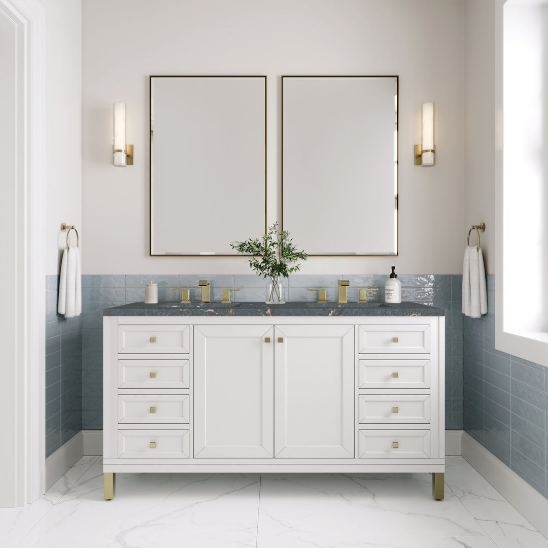 Chicago 60" Double Vanity, Glossy White, w/ 3 CM Parisien Bleu Silestone® Top