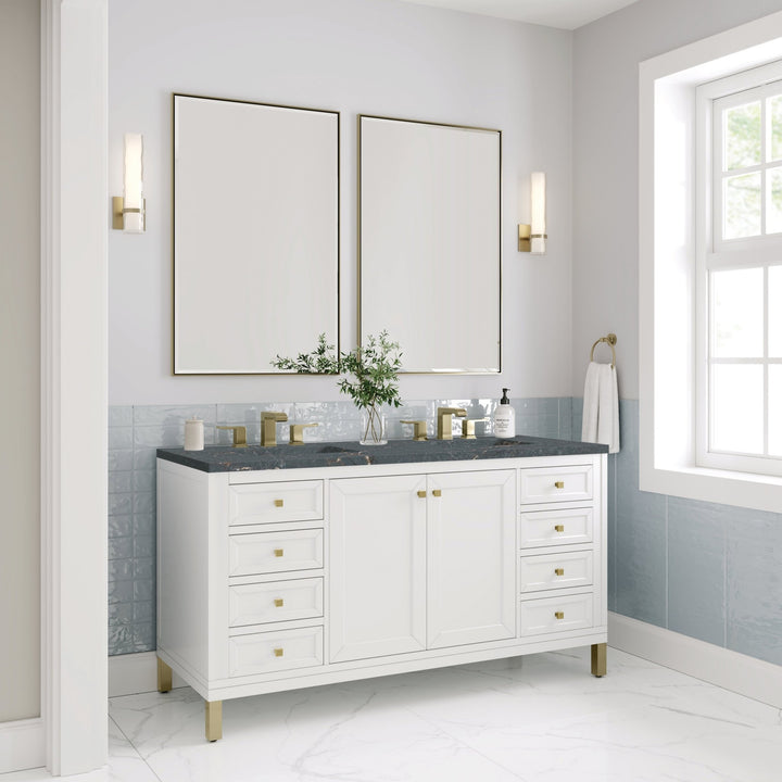Chicago 60" Double Vanity, Glossy White, w/ 3 CM Parisien Bleu Silestone® Top w/FreePower Wireless Charger
