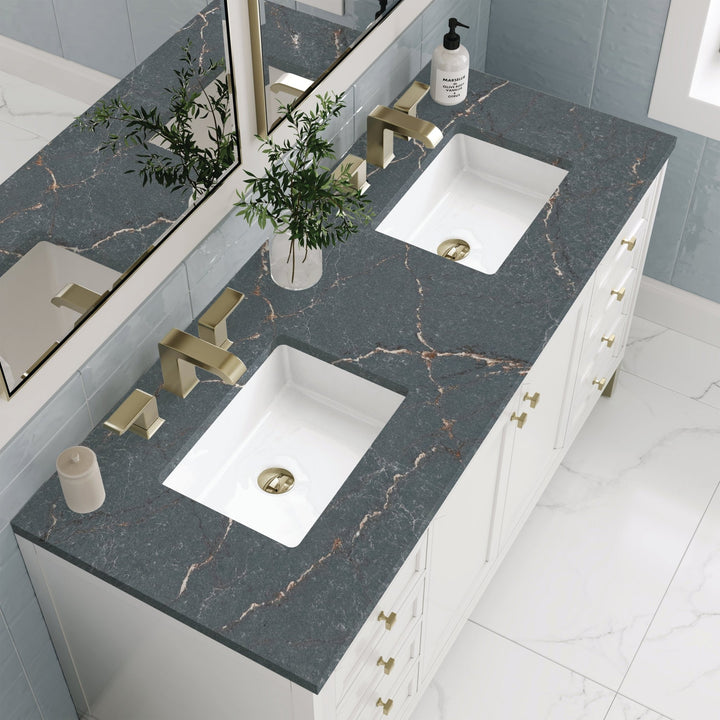Chicago 60" Double Vanity, Glossy White, w/ 3 CM Parisien Bleu Silestone® Top w/FreePower Wireless Charger