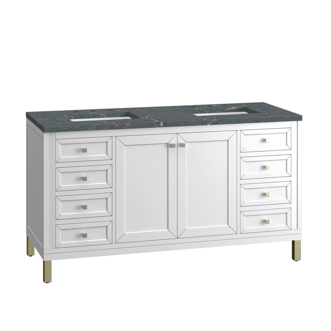 Chicago 60" Double Vanity, Glossy White, w/ 3 CM Parisien Bleu Silestone® Top w/FreePower Wireless Charger