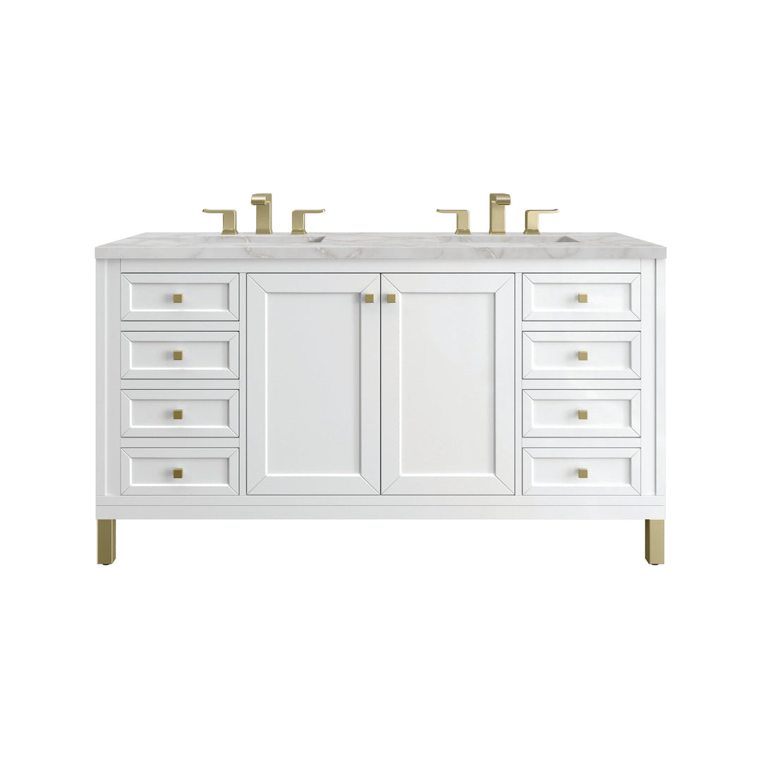 Chicago 60" Double Vanity, Glossy White, w/ 3 CM Victorian Silver Silestone® Top w/FreePower Wireless Charger