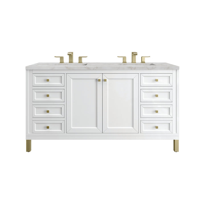 Chicago 60" Double Vanity, Glossy White, w/ 3 CM Victorian Silver Silestone® Top w/FreePower Wireless Charger