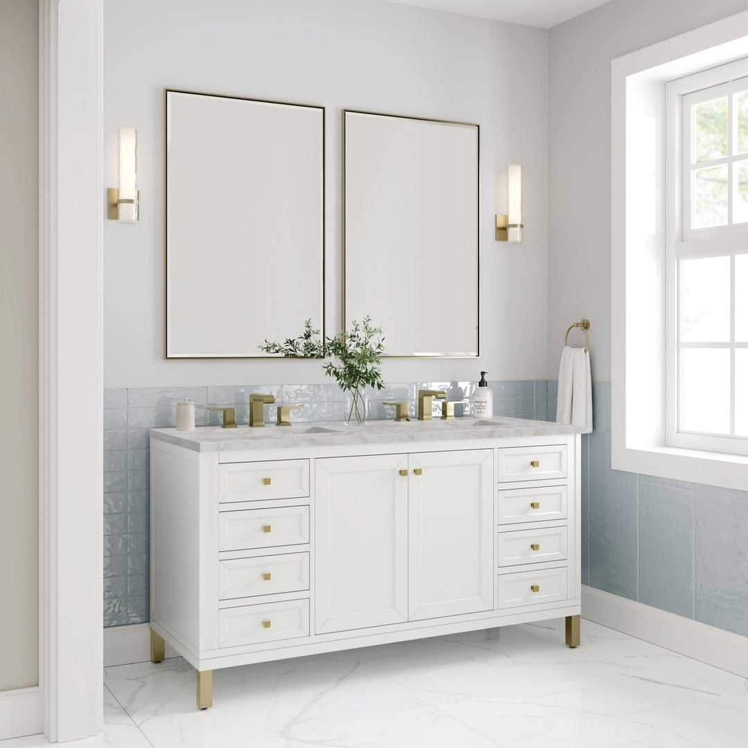 Chicago 60" Double Vanity, Glossy White, w/ 3 CM Victorian Silver Silestone® Top w/FreePower Wireless Charger