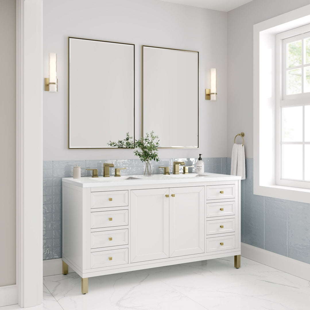 Chicago 60" Double Vanity, Glossy White, w/ 3 CM White Zeus Silestone® Top