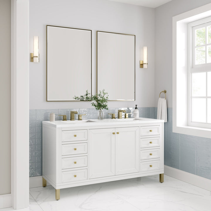 Chicago 60" Double Vanity, Glossy White, w/ 3 CM White Zeus Silestone® Top