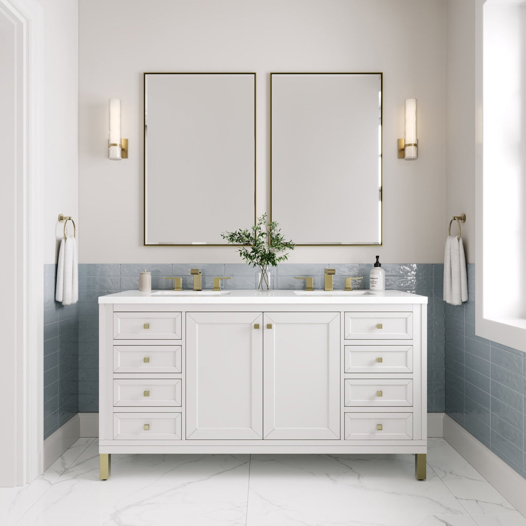 Chicago 60" Double Vanity, Glossy White, w/ 3 CM White Zeus Silestone® Top