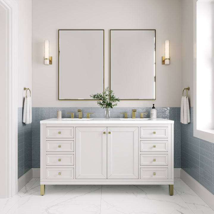 Chicago 60" Double Vanity, Glossy White, w/ 3 CM White Zeus Silestone® Top