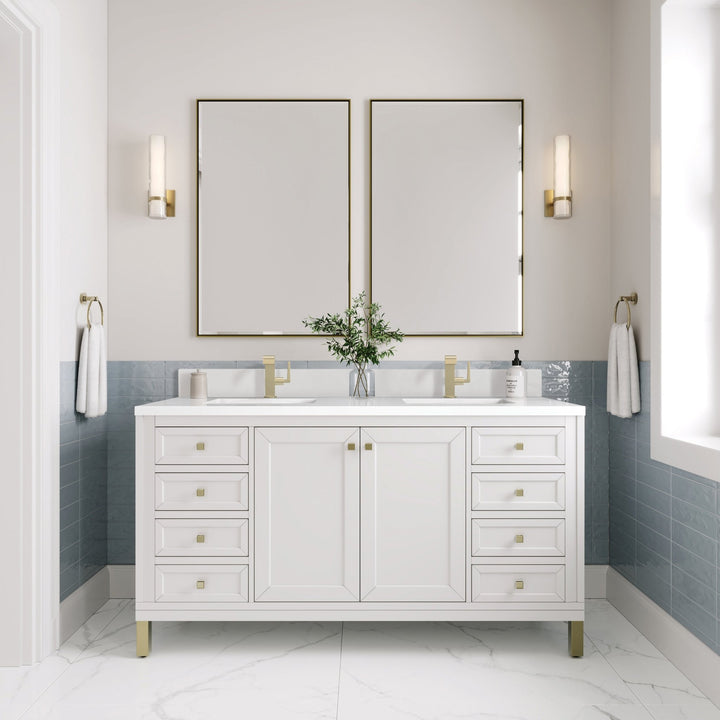 Chicago 60" Double Vanity, Glossy White, w/ Single Hole 3CM White Zeus Silestone® Top & Backsplash