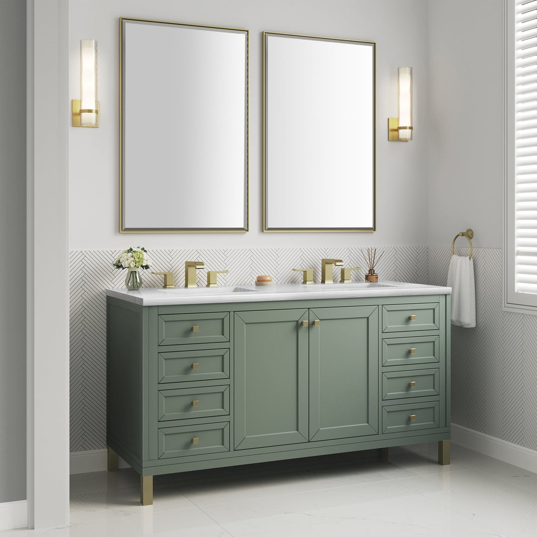 Chicago 60" Double Vanity, Smokey Celadon, w/ 3 CM Arctic Fall Solid Surface Top