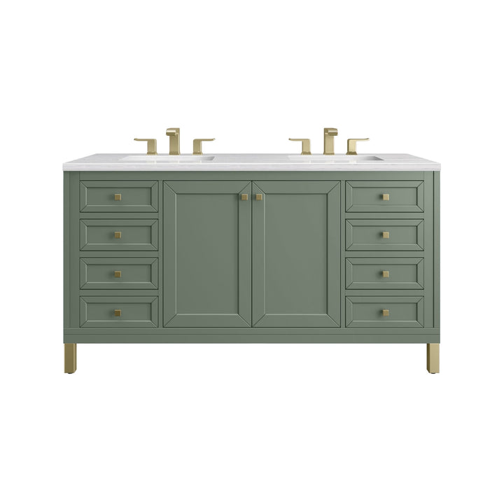 Chicago 60" Double Vanity, Smokey Celadon, w/ 3 CM Arctic Fall Solid Surface Top