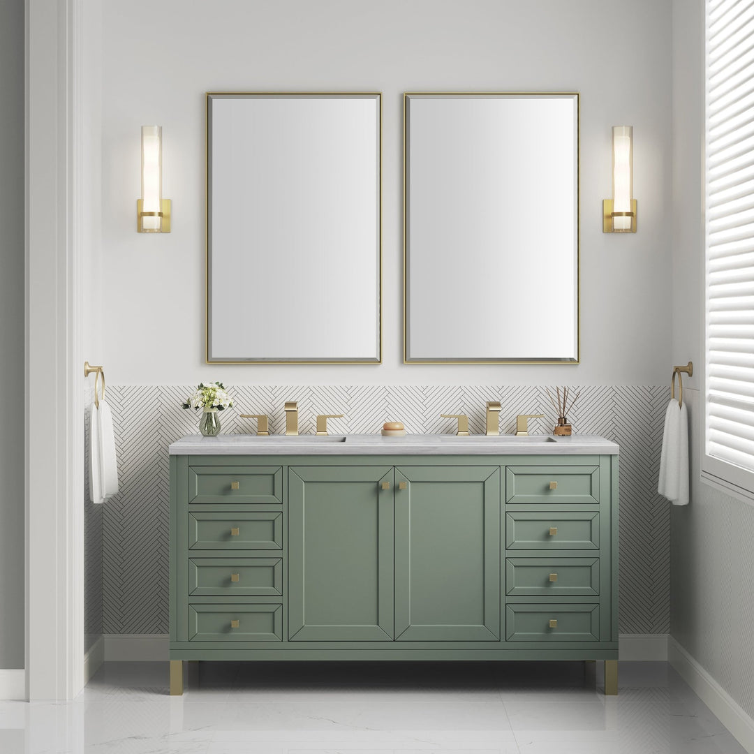 Chicago 60" Double Vanity, Smokey Celadon, w/ 3 CM Arctic Fall Solid Surface Top