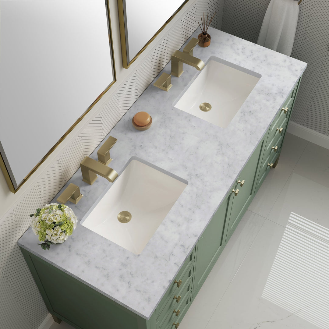 Chicago 60" Double Vanity, Smokey Celadon, w/ 3 CM Carrara Marble Top