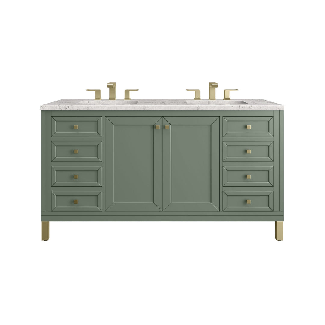 Chicago 60" Double Vanity, Smokey Celadon, w/ 3 CM Eternal Jasmine Pearl Silestone® Top w/FreePower Wireless Charger