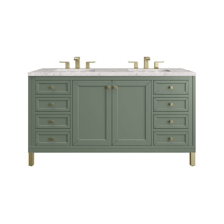 Chicago 60" Double Vanity, Smokey Celadon, w/ 3 CM Eternal Jasmine Pearl Silestone® Top w/FreePower Wireless Charger