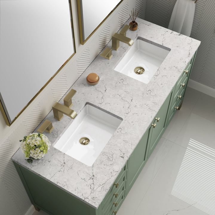 Chicago 60" Double Vanity, Smokey Celadon, w/ 3 CM Eternal Jasmine Pearl Silestone® Top w/FreePower Wireless Charger