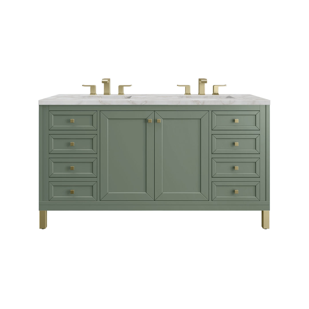 Chicago 60" Double Vanity, Smokey Celadon, w/ 3 CM Victorian Silver Silestone® Top w/FreePower Wireless Charger