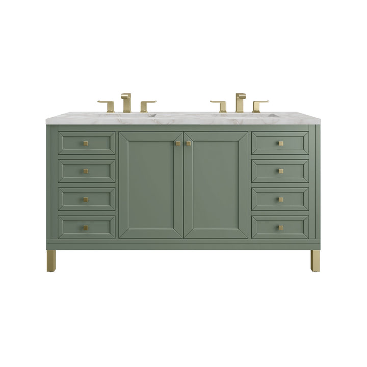 Chicago 60" Double Vanity, Smokey Celadon, w/ 3 CM Victorian Silver Silestone® Top w/FreePower Wireless Charger