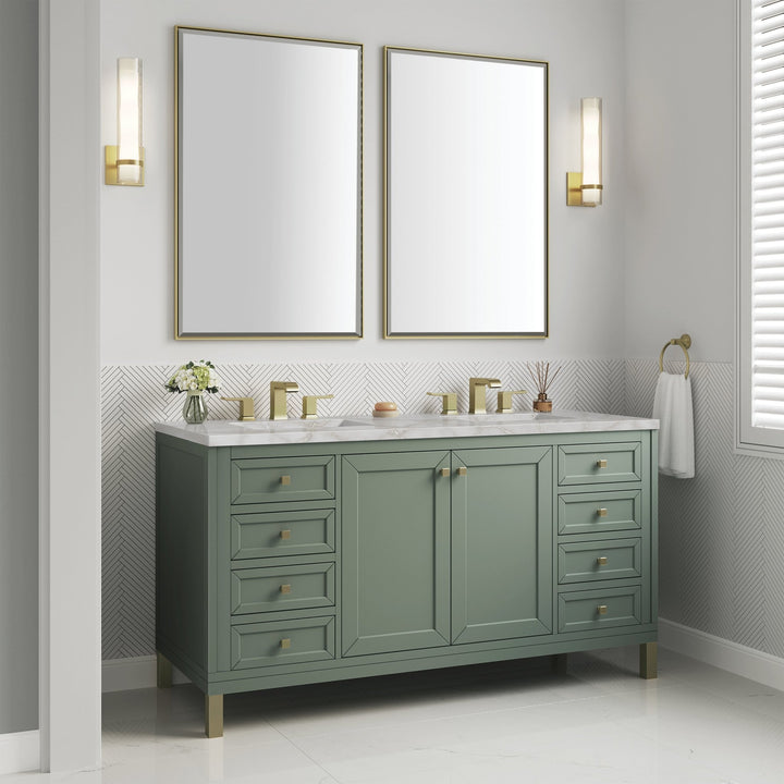 Chicago 60" Double Vanity, Smokey Celadon, w/ 3 CM Victorian Silver Silestone® Top w/FreePower Wireless Charger