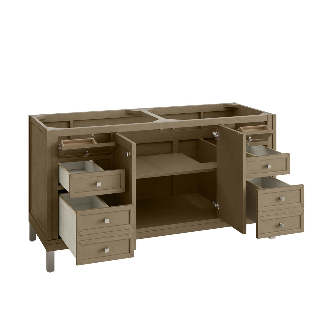 Chicago 60" Double Vanity, Walnut Whisper, w/ 3 CM Arctic Fall Solid Surface Top