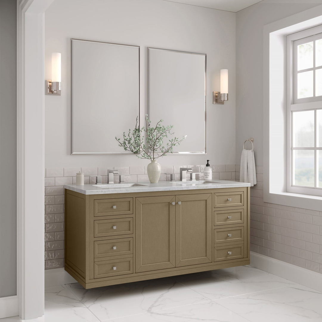 Chicago 60" Double Vanity, Walnut Whisper, w/ 3 CM Arctic Fall Solid Surface Top