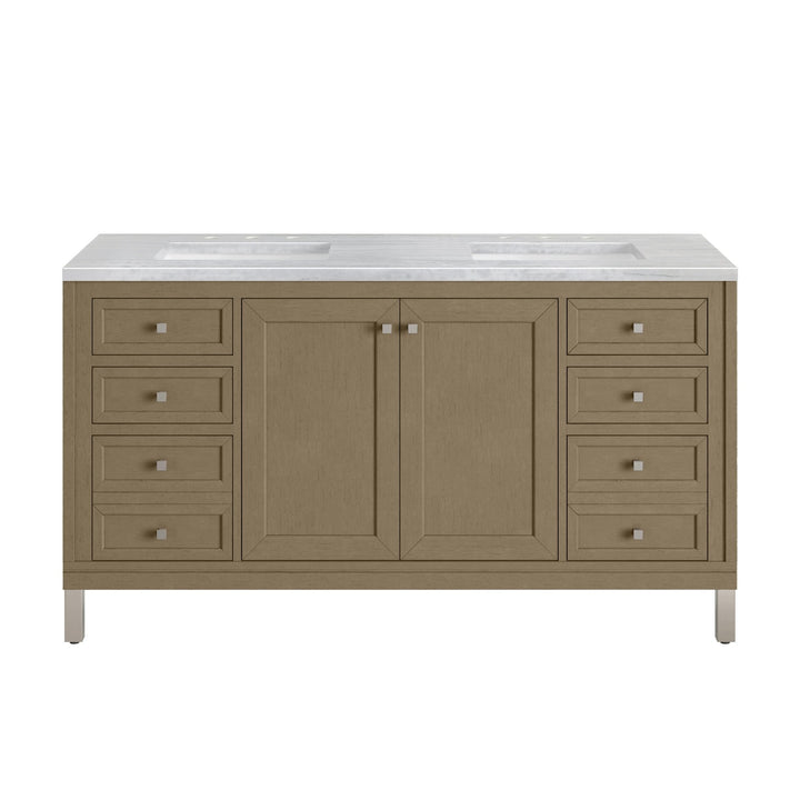Chicago 60" Double Vanity, Walnut Whisper, w/ 3 CM Arctic Fall Solid Surface Top
