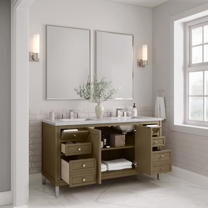Chicago 60" Double Vanity, Walnut Whisper, w/ 3 CM Arctic Fall Solid Surface Top
