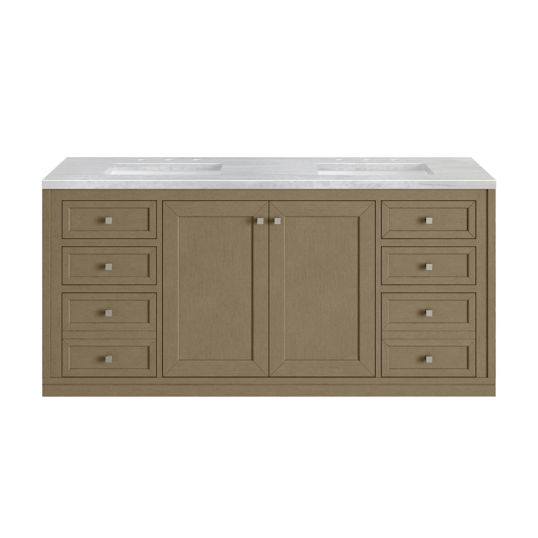 Chicago 60" Double Vanity, Walnut Whisper, w/ 3 CM Arctic Fall Solid Surface Top