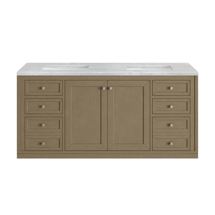 Chicago 60" Double Vanity, Walnut Whisper, w/ 3 CM Arctic Fall Solid Surface Top