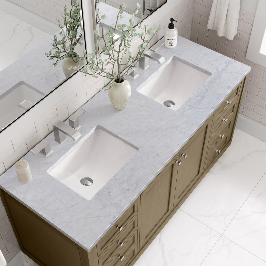 Chicago 60" Double Vanity, Walnut Whisper, w/ 3 CM Carrara Marble Top