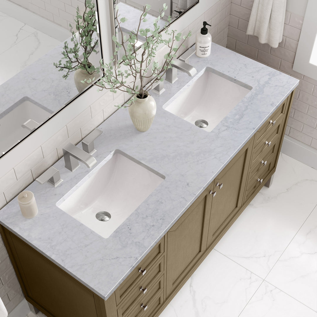 Chicago 60" Double Vanity, Walnut Whisper, w/ 3 CM Carrara Marble Top