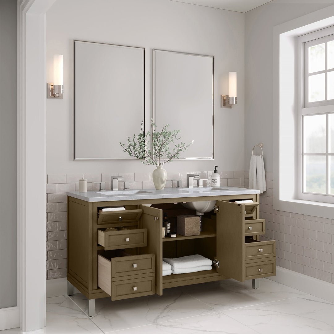 Chicago 60" Double Vanity, Walnut Whisper, w/ 3 CM Carrara Marble Top
