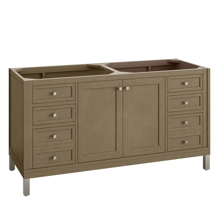 Chicago 60" Double Vanity, Walnut Whisper, w/ 3 CM Carrara Marble Top