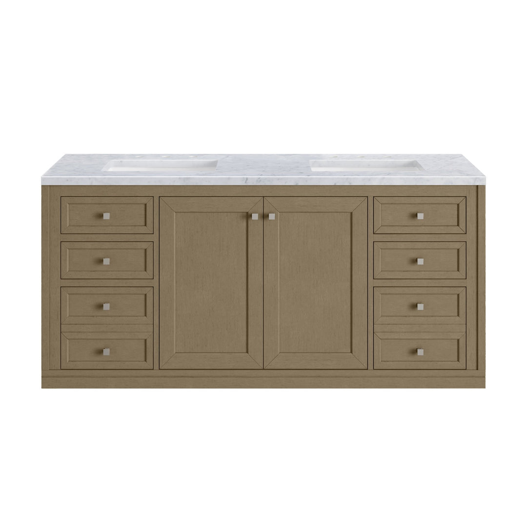 Chicago 60" Double Vanity, Walnut Whisper, w/ 3 CM Carrara Marble Top