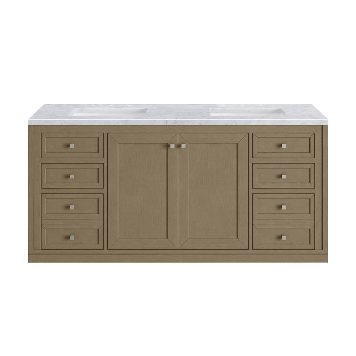 Chicago 60" Double Vanity, Walnut Whisper, w/ 3 CM Carrara Marble Top