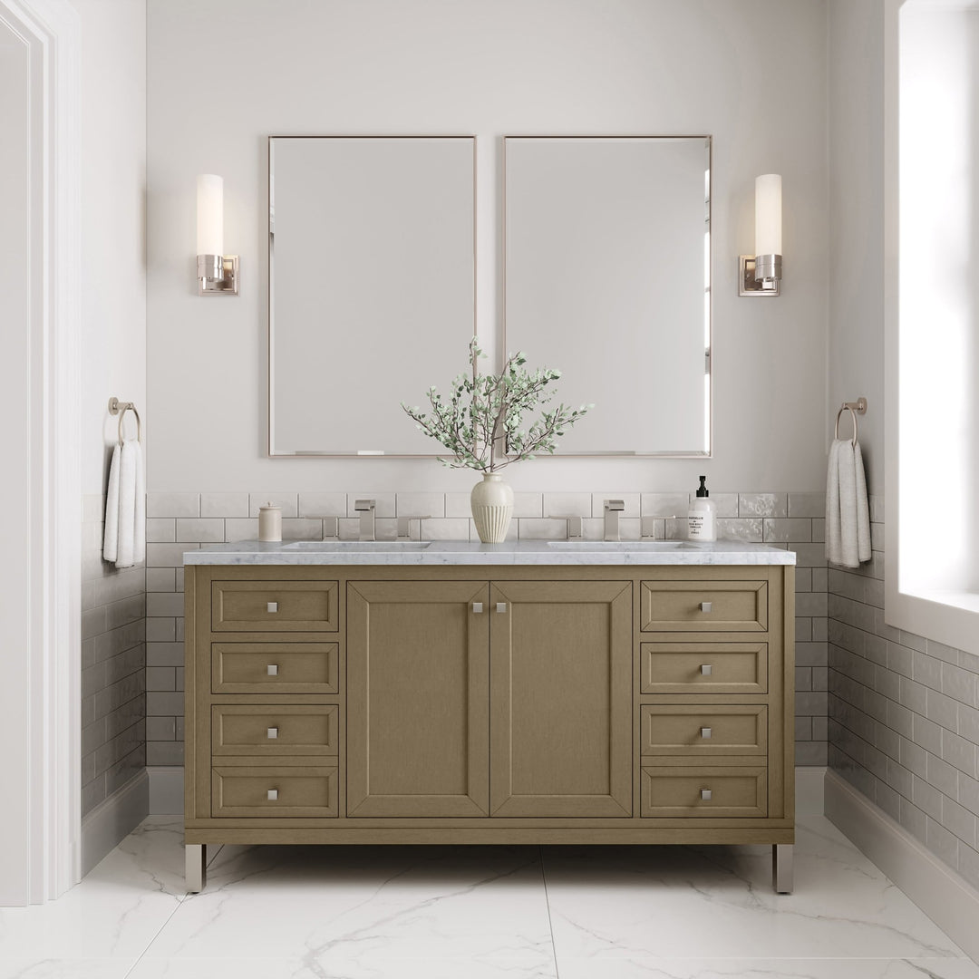 Chicago 60" Double Vanity, Walnut Whisper, w/ 3 CM Carrara Marble Top