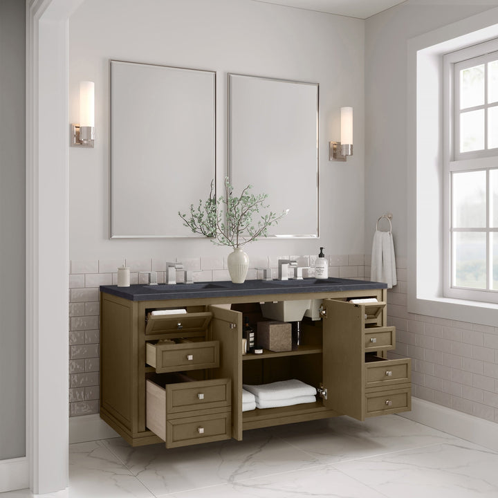 Chicago 60" Double Vanity, Walnut Whisper, w/ 3 CM Charcoal Soapstone Silestone® Top
